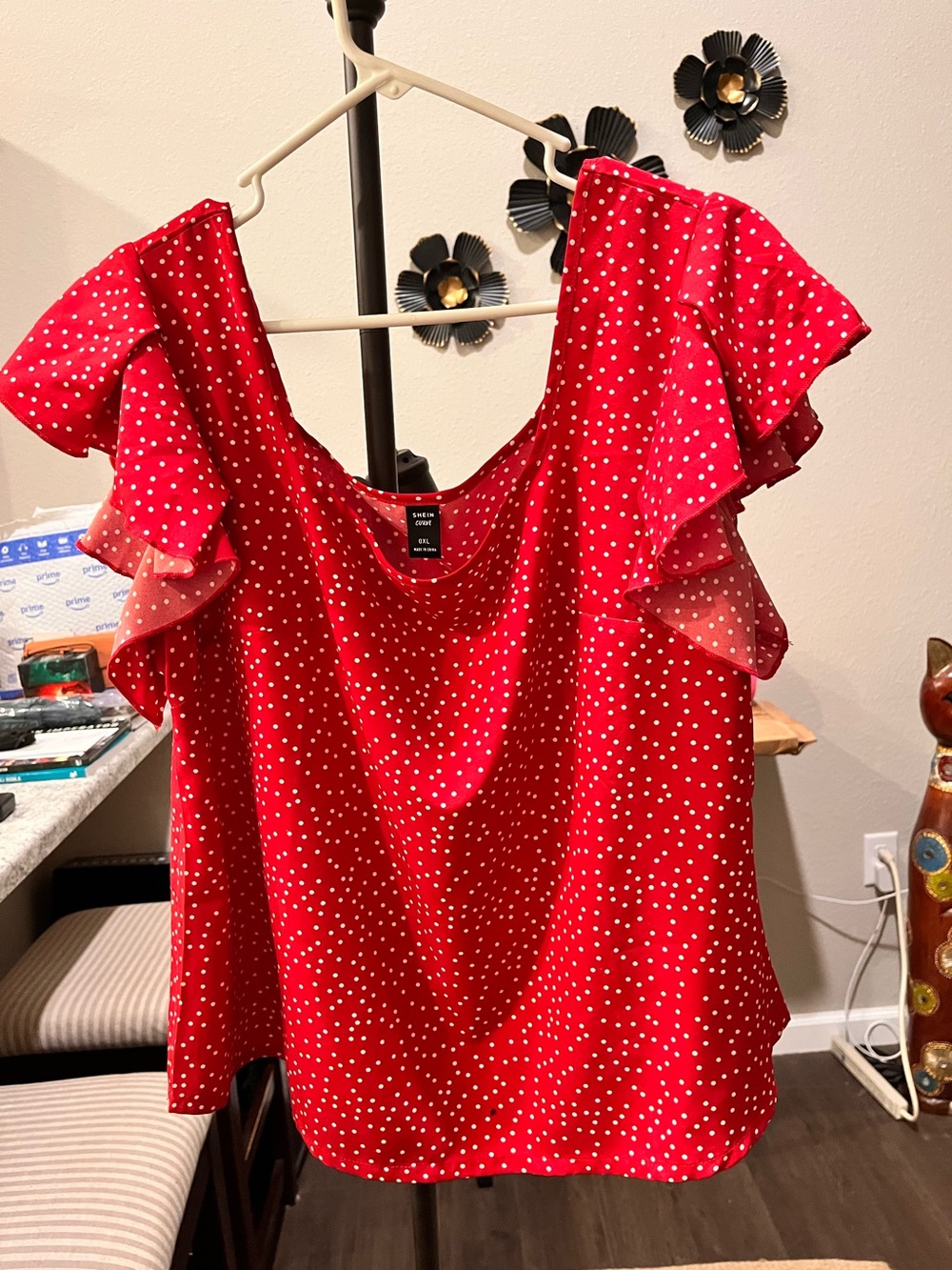 Shein Curve Red Polka Dot Flutter Sleeve Blouse